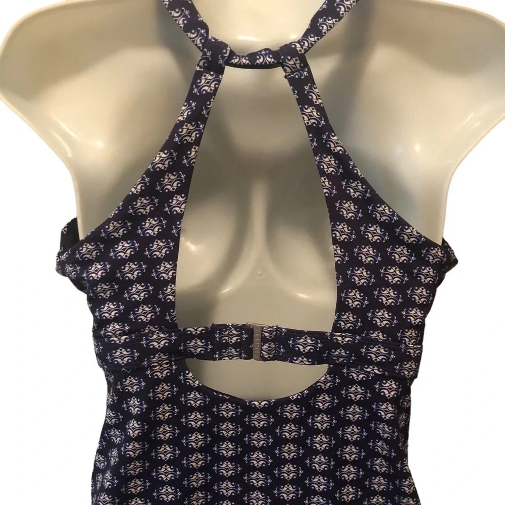Athleta Tangier Tankini 36D/DD Blue Printed High Neck Swim Underwire Bra Cut Out